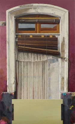 "98 (Große Tür mit Gardine)", 2024, 280 x 170 cm, Öl auf Leinwand